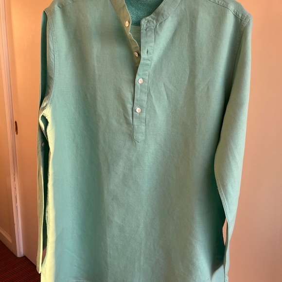 FabIndia Men’s Teal Blue Woven Linen Blend Nehru Kurta roll tab sleeves Sz 38 M - Picture 10 of 12